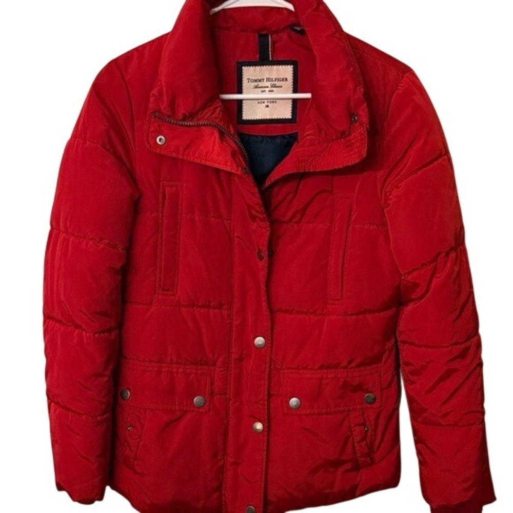 Tommy Hilfiger Women Red Puffer Jacket Quilted Collared Snap Button Size S